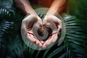 Hands holding heart made from dry leaves.AI generated