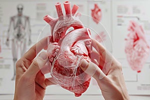 Hands holding heart model, close-up view photo
