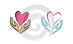 Hands holding heart symbol. Company logo or icon. Abstract vector illustration