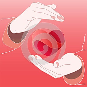 Hands holding a heart or valentine day, love logo icon flat in pink color on isolated background. EPS 10 vector