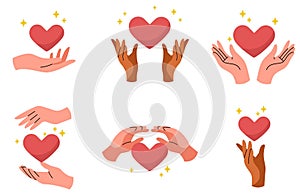 Hands holding hearts. Charity donation. Shiny love. Romantic Valentine. Human arms. Care or support. Volunteer help