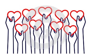 Hands Holding Hearts High Up. Line Design Style