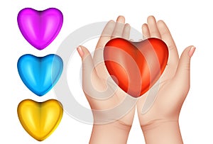 Hands holding hearts. Isolated realistic hand with red heart, vector volunteer illustration
