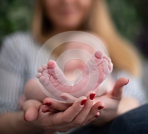 Hands holding her baby`s feet