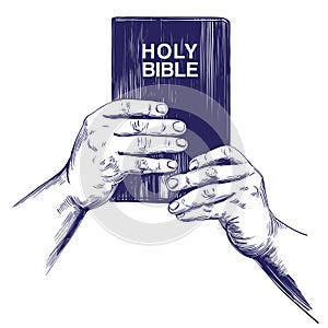 Hands holding the Holy Bible, gospel, the doctrine of Christianity, symbol of Christianity hand drawn vector