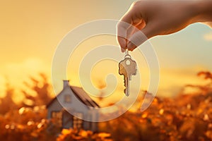 Hands holding house key. Hand with keys to the new house, real estate, mortgage, investment, rent, property concept. Home loan,