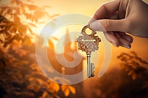 Hands holding house key. Hand with keys to the new house, real estate, mortgage, investment, rent, property concept. Home loan,