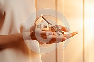 Hands holding house key. Hand with keys to the new house, real estate, mortgage, investment, rent, property concept. Home loan,