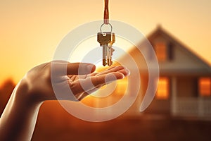 Hands holding house key. Hand with keys to the new house, real estate, mortgage, investment, rent, property concept. Home loan,