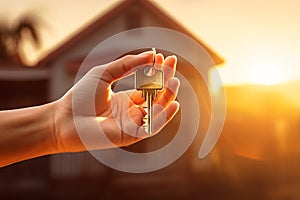 Hands holding house key. Hand with keys to the new house, real estate, mortgage, investment, rent, property concept. Home loan,