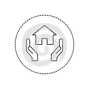 Hands holding house line icon in a circle. Real estate or housing logo. Home sweet home idea.