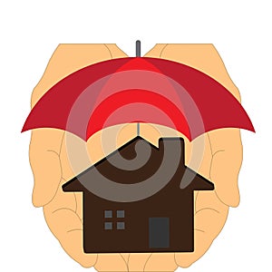 Hands holding a house with an umbrella over it, insurance concept