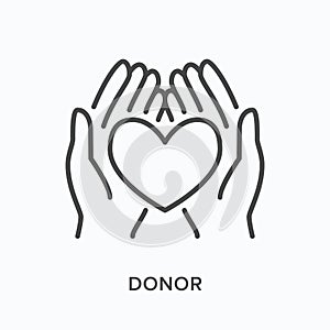 Hands holding human heart flat line icon. Vector outline illustration of organ donor. Cardiology thin linear medical