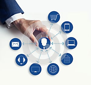 Hands holding icon customer network connection, Omni Channel photo