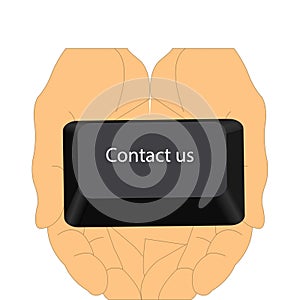 Hands holding a keyboard button with the text contact us