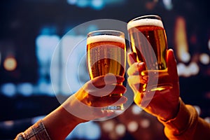 Hands holding lager light foamy big beer glasses and clinking. Two friends sitting in bar and drinking alcohol drinks.