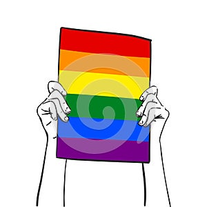 Hands holding LGBT gay pride banner. Vector sketch, Hand drawn