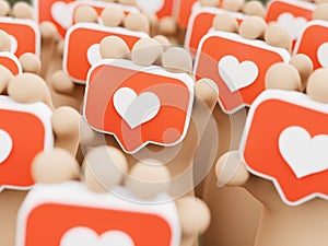 Hands holding likes icons. Social media notification concept. 3D Rendered illustration.