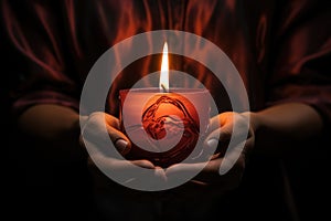 Hands holding lit candle ai created