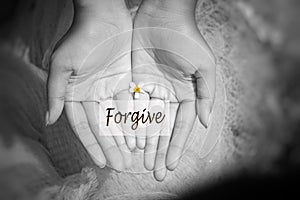 Hands holding a little daisy flower with single word card written FORGIVE. Forgiveness concept on black and white abstract art.