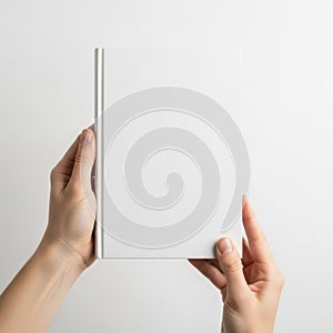 Hands holding a long rectangular object against a white background