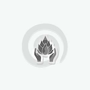 Hands holding Lotus flower icon sticker isolated on gray background