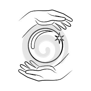 Hands holding magic crystal ball. Vector black outline icon