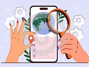 hands holding magnifying glass over smartphone showing global map