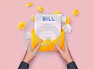 Hands holding mail paying bills. Payment of utility, bank, restaurant and other bill. 3D Web Vector Illustrations