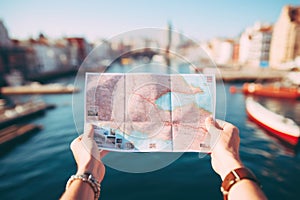 Hands holding a map with a harbor backdrop. The concept is travel and exploration