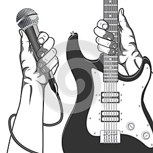Hands holding a microphone and a guitar. Black and white vintage illustration.