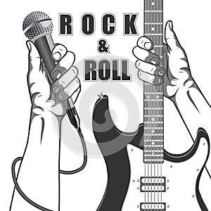 Hands holding a microphone and a guitar. Black and white vintage illustration.