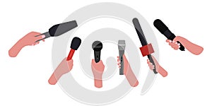 Hands holding microphone. Mass media reporters with mic recorder taking interview on live television, press conference journalism