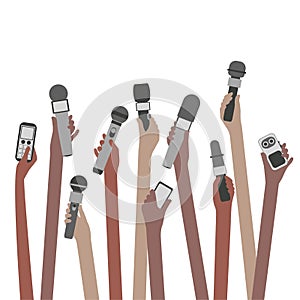 Hands Holding microphones during press conference or interview speech