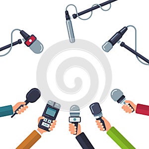 Hands holding microphones, press conference vector concept