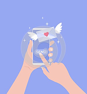 Hands holding mobile phone with flying winged envelope on purple background. Sending a love letter or message