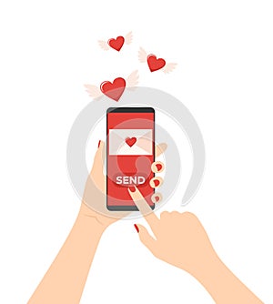 Hands holding mobile phone with love letter on screen and flying winged hearts on white background. Sending a love message