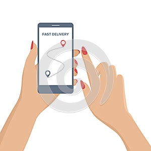 Hands holding mobile phone with tracker of delivery. Fast delivery. Flat vector illustration.