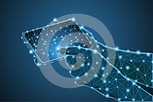 Hands holding mobile smartphone low poly wireframe