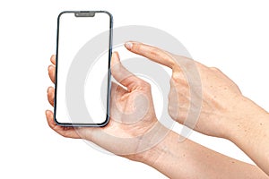 Hands holding modern phone, finger showing on a screen area isolated on white