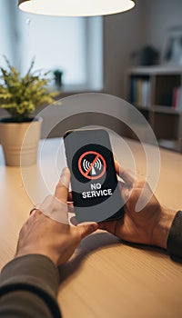 Person holding smartphone displaying no service signal