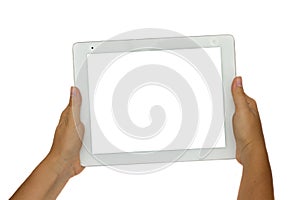 Hands holding modern tablet PC photo