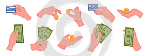 Hands holding money. Cartoon human hands with cash money, banknotes, credit cards and golden coins flat vector illustration set.