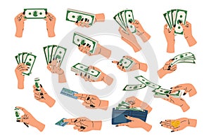 Hands holding money set. Arms with coins, banknotes, bank card, paying, counting. Finance vector illustration