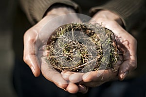 Hands holding a nest