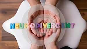 Hands Holding Neurodivergent Colorful Plastic Letters in Support- AI Generated photo