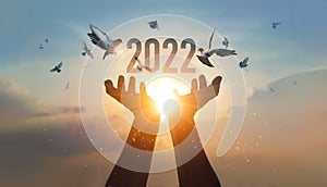 .Hands holding of new year 2022 silhouette with flying of free bird enjoying nature on sunset background, Happy New Year concept