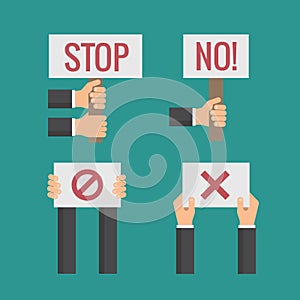 Hands holding No, Stop, Cross, Forbid protest signs. Vector flat set