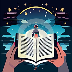 Hands holding open book with astronaut. Vector illustration in flat style AI generated