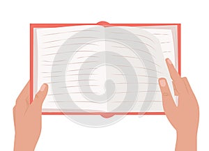 Hands holding open book for read. Vector illustration.